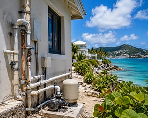 Plumbing installation at a coastal residential property in Sint Maarten showing outdoor pipes exposed to salt air, sun, and weather conditions