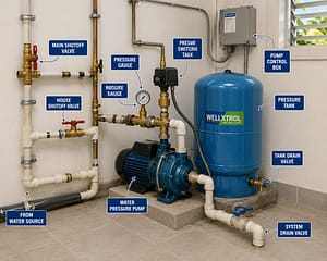 Plumbing utility room with water pressure pump, pressure tank, shutoff valves, and water supply piping installed for reliable home water distribution
