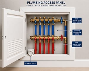 Plumbing access panel showing shutoff valves, water distribution manifold, and cleanout access for easy maintenance and future repairs