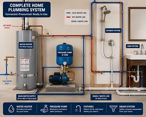 Plumbing system showing a water heater, pressure pump, shower fixture, sink fixture, and water supply piping connected as one complete residential installation
