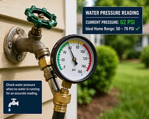 Pressure gauge attached to outdoor hose bib for water hammer fix and water pressure testing