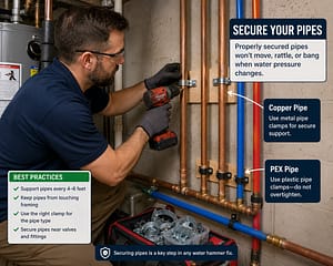 Plumber securing copper and PEX pipes with clamps during a water hammer fix