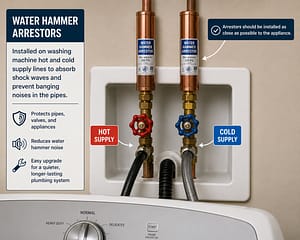 Water hammer arrestors installed on washing machine supply lines for a water hammer fix