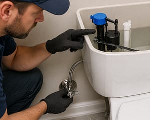 Plumber inspecting toilet fill valve and shutoff valve during a water hammer fix