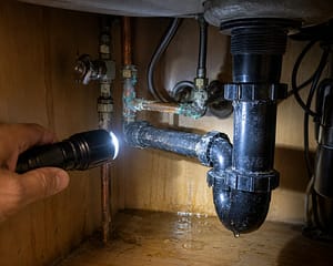 Tools For Pipe Leaks flashlight illuminating corroded plumbing pipes and water droplets under a kitchen sink