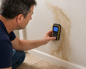 Tools For Pipe Leaks homeowner using a moisture meter on stained drywall to detect hidden moisture