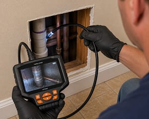 Tools For Pipe Leaks inspection camera checking hidden plumbing lines through a wall access opening