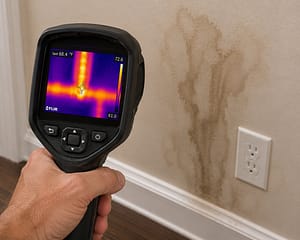 Tools For Pipe Leaks thermal camera detecting temperature differences behind a wall with a suspected hidden pipe leak