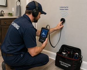 Tools For Pipe Leaks professional plumber using acoustic leak detection equipment to locate a hidden water leak behind a wall