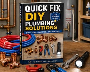 Pex Versus Copper Plumbing tools and Quick Fix DIY Plumbing Solutions book with PEX tubing, copper fittings, pipe cutter, crimp tool, adjustable wrench, and flashlight