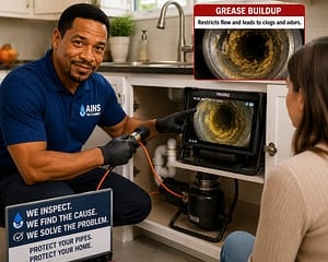 Professional plumber uses a drain inspection camera to show a homeowner heavy grease buildup restricting the inside of a kitchen drainpipe.