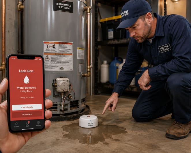 Best leak alarm devices detecting a water leak near a home water heater with smartphone alert notification