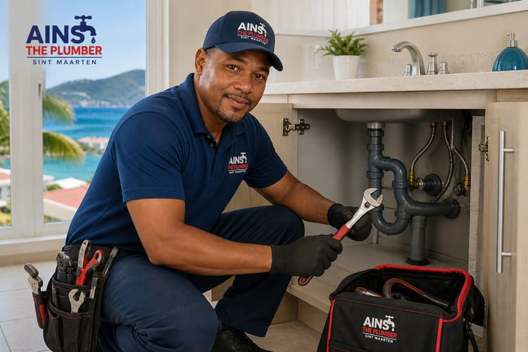 Professional plumber in Sint Maarten repairing pipes under a sink in a modern home