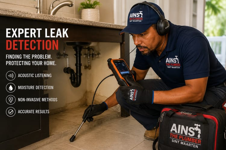 Professional plumber performing leak detection under a sink using acoustic listening equipment in a home in Sint Maarten