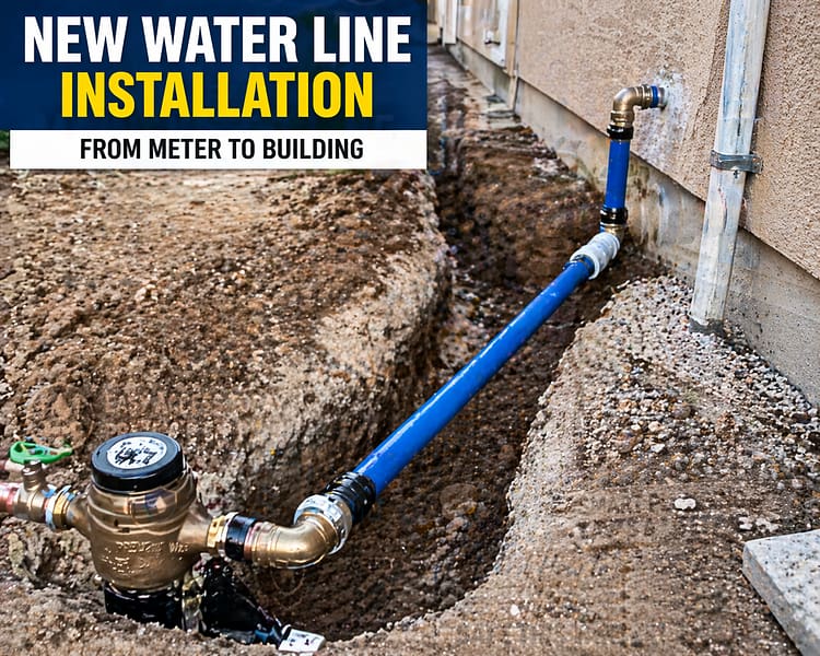 New water line installation from city meter to building with exposed pipe and fittings in trench.