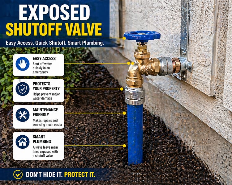 Exposed main water shutoff valve installed outside building for easy access and emergency control.