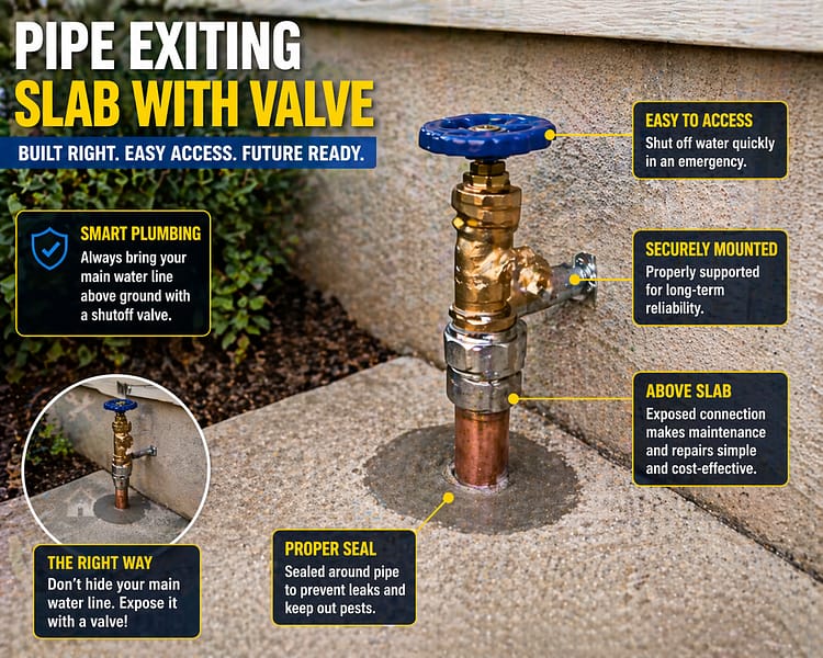 Water pipe exiting concrete slab with exposed shutoff valve installed above ground for easy access and maintenance.