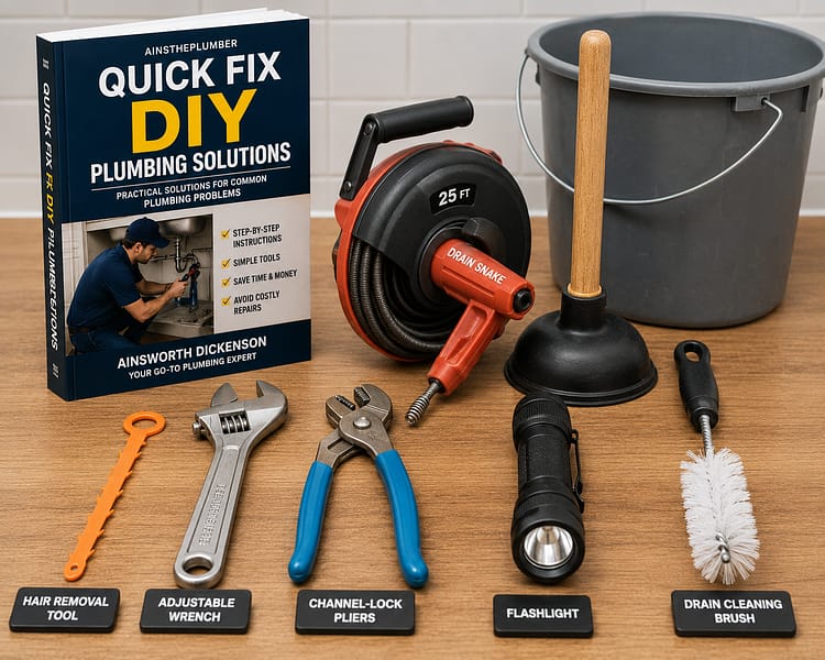 Best Drain Cleaning tools displayed with Quick Fix DIY Plumbing Solutions book