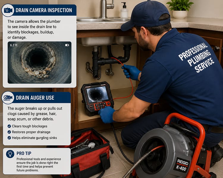 Professional plumber using a drain camera and auger under a sink to diagnose and clear a drain blockage