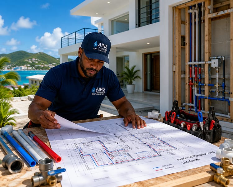 Professional reviewing residential plumbing installation plans at a modern home in Sint Maarten before construction begins