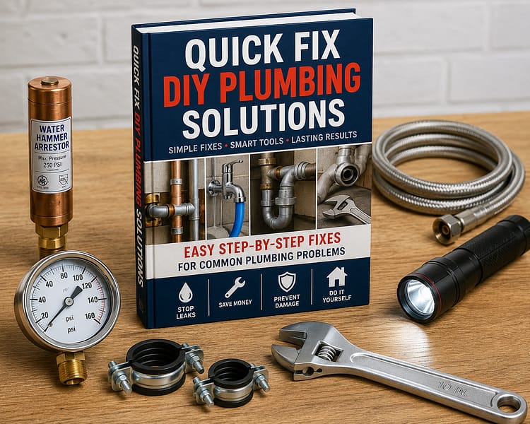 Quick Fix DIY Plumbing Solutions book with water hammer fix tools including arrestor, pressure gauge, pipe clamps, braided hose, flashlight, and adjustable wrench