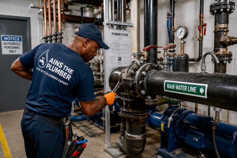 Commercial plumber working on large water pipes and valves inside a mechanical room in Sint Maarten