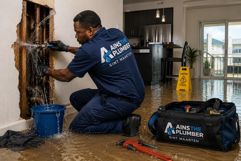 Emergency plumber in Sint Maarten repairing a burst pipe during a home flooding emergency while stopping active water damage inside an apartment kitchen