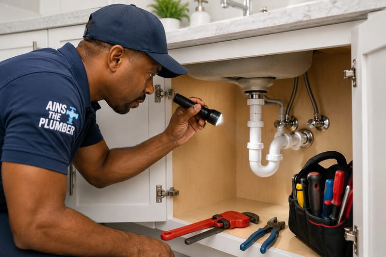 Professional plumber inspecting plumbing pipes under a bathroom sink using a flashlight with plumbing tools nearby for leak detection and home maintenance