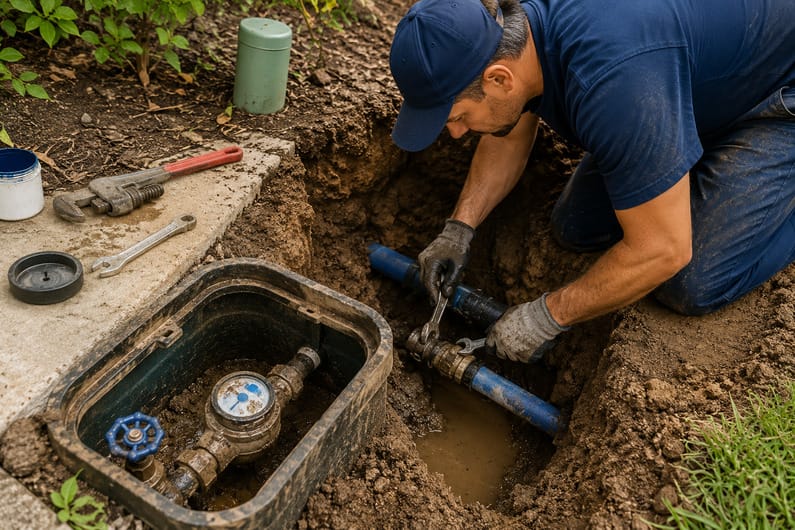 Professional plumber repairing an underground water line near a residential water meter box