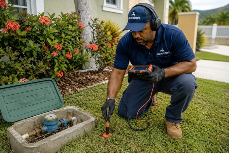 Professional plumber using underground leak detection equipment near a residential water meter for Water Line Repair Sint Maarten