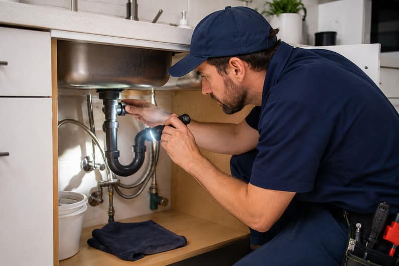 Professional plumber checking under a kitchen sink with a flashlight while inspecting pipes and shutoff valves for leaks