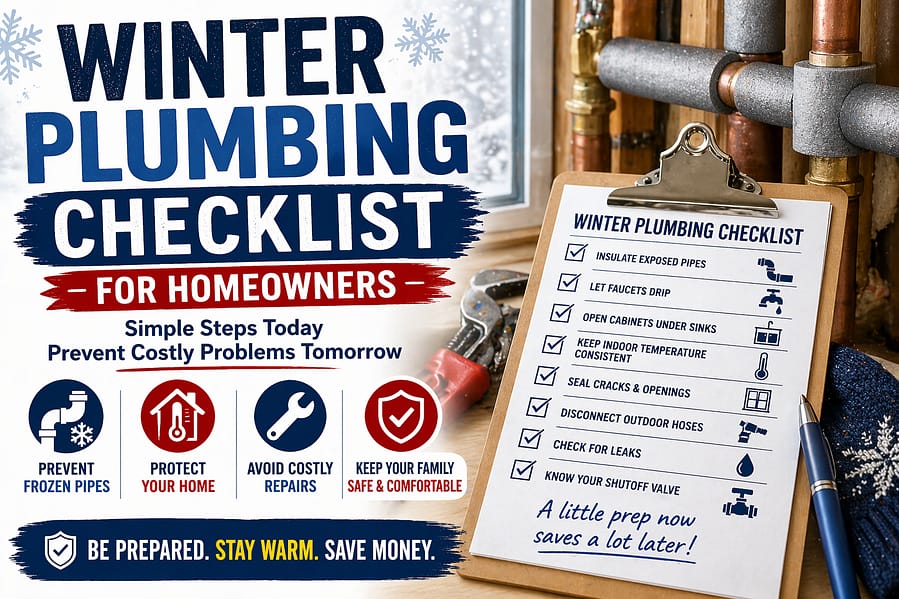 Winter plumbing checklist infographic showing steps to prevent frozen pipes and protect home plumbing system