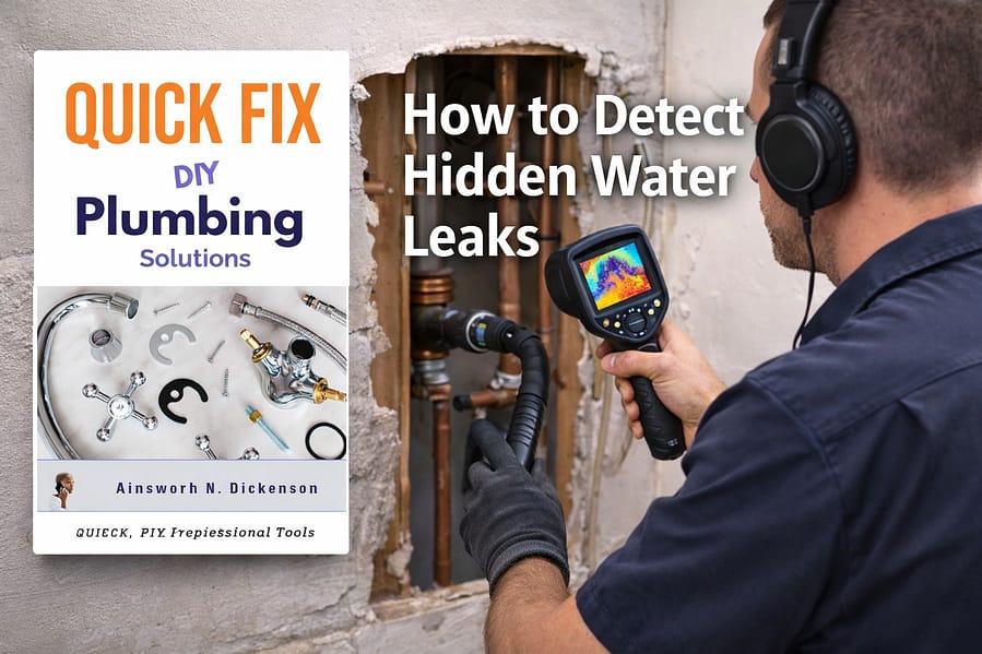 Professional plumber using a thermal imaging camera to detect hidden water leaks in a wall with book cover “Quick Fix DIY Plumbing Solutions” displayed