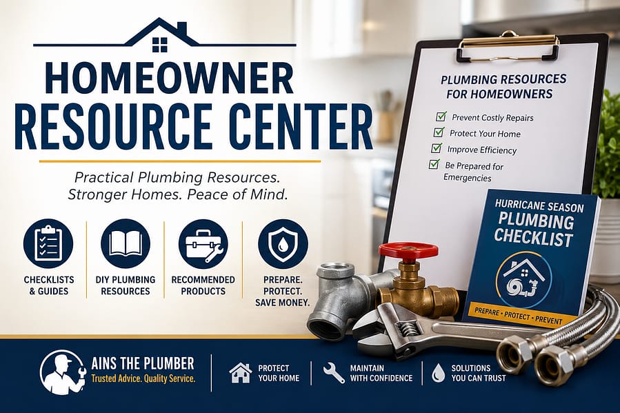 Homeowner Resource Center with plumbing resources, homeowner guides, downloadable checklists, DIY plumbing tools, and Hurricane Season Plumbing Checklist