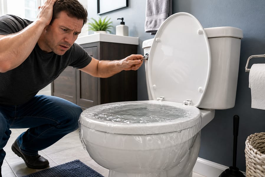Toilet clogs after flushing with water rising high in the bowl during a bathroom plumbing problem