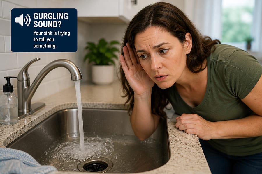 Homeowner listening to a gurgling sink while water drains, indicating a possible drain or venting problem