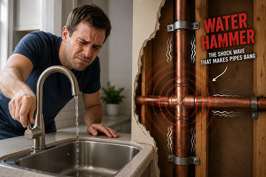 Water hammer fix showing homeowner shutting off faucet while pipes vibrate from plumbing shock waves