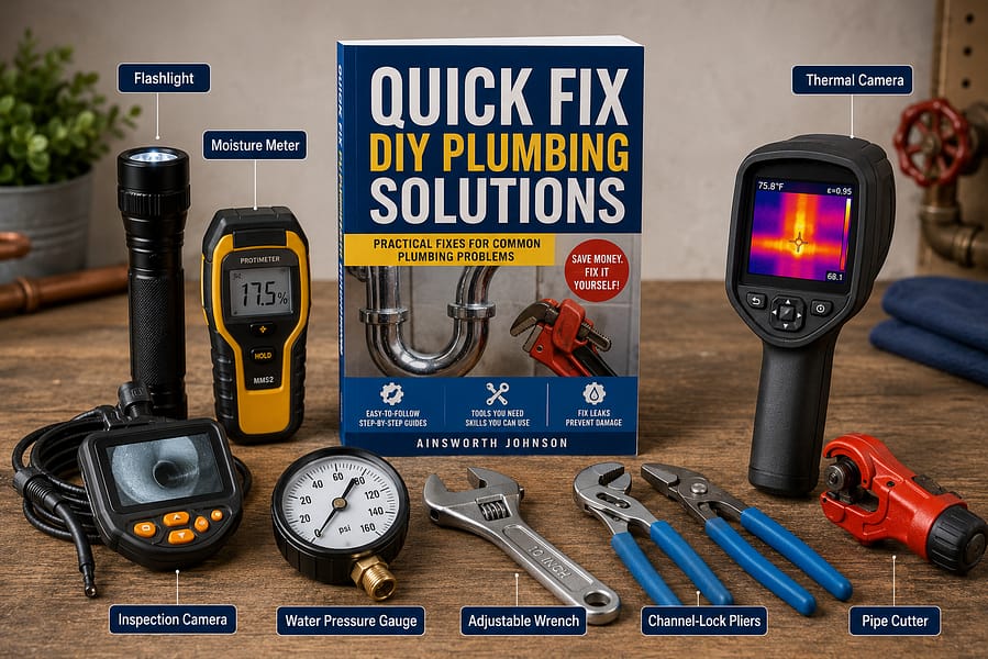 Tools For Pipe Leaks Quick Fix DIY Plumbing Solutions book displayed with flashlight, moisture meter, inspection camera, pressure gauge, pipe cutter, and leak detection tools
