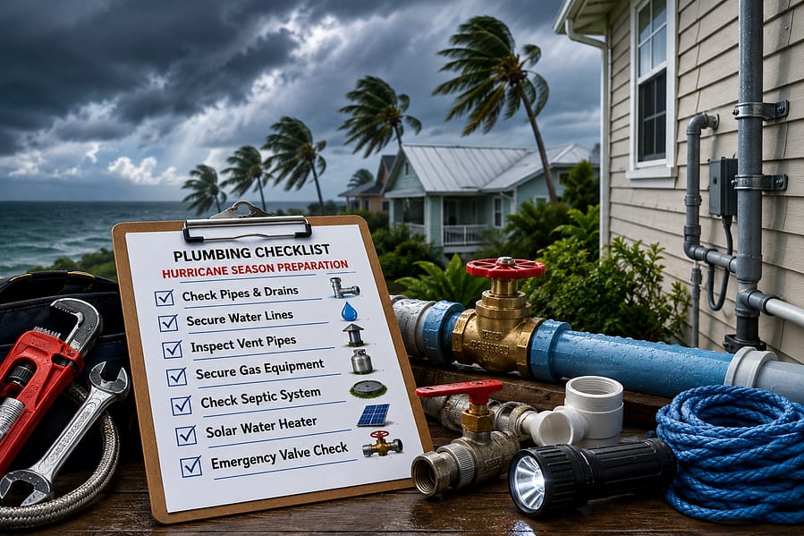 June 2026 Plumbing Checklist image showing hurricane season plumbing preparation with storm-ready pipes, shutoff valves, plumbing tools, and outdoor home protection