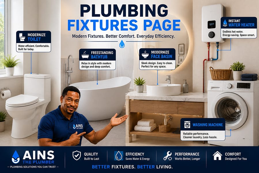 Modern plumbing fixtures including a toilet, freestanding bathtub, face basin, instant water heater, and washing machine.
