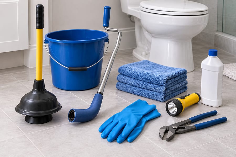 Flange plunger, toilet auger, bucket, gloves and towels for responding to a toilet overflow