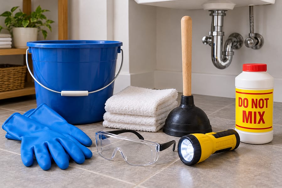 Gloves, bucket, towels and plumbing tools prepared for clearing a clogged drain safely