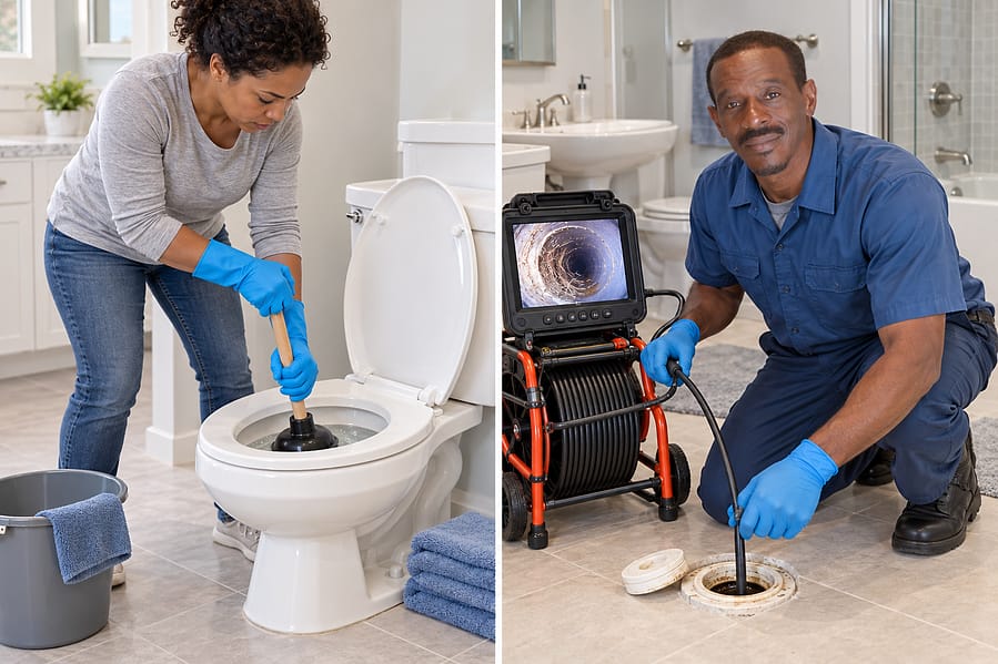 Homeowner plunging a toilet while Ainsworth Dickenson diagnoses a deeper drain blockage