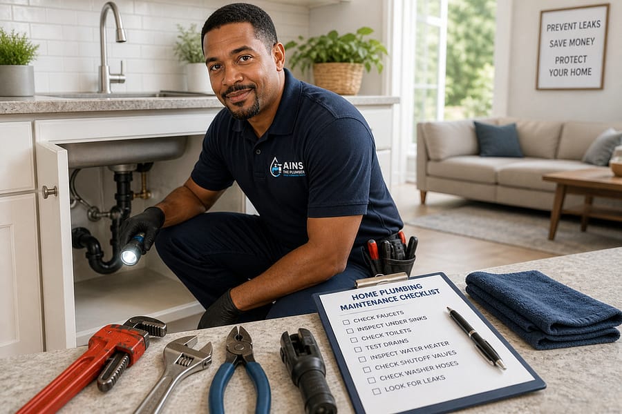 Professional plumber inspecting plumbing under a kitchen sink in a clean modern home using a flashlight and maintenance checklist.