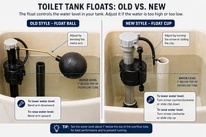 Comparison of toilet float ball and modern float cup inside tank showing how water level is controlled