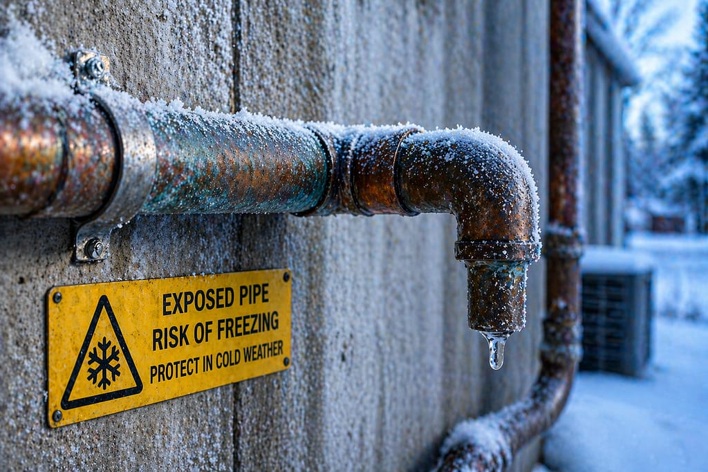 Exposed outdoor pipe covered in frost and ice, showing high risk of freezing in cold weather.