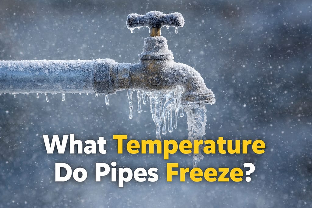 Frozen outdoor faucet and pipe covered in ice showing the temperature risk of pipes freezing in winter.