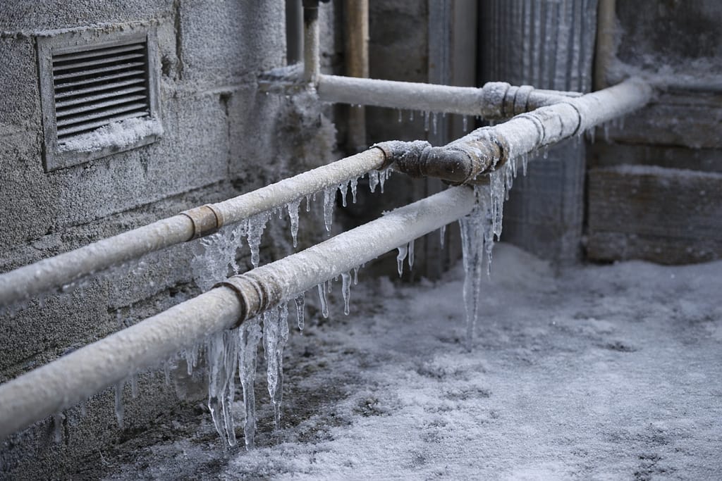 Exposed pipes in a cold basement covered with frost and icicles, showing risk of freezing in winter.