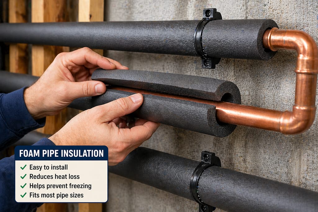 Installing foam pipe insulation on copper pipes to prevent freezing and reduce heat loss