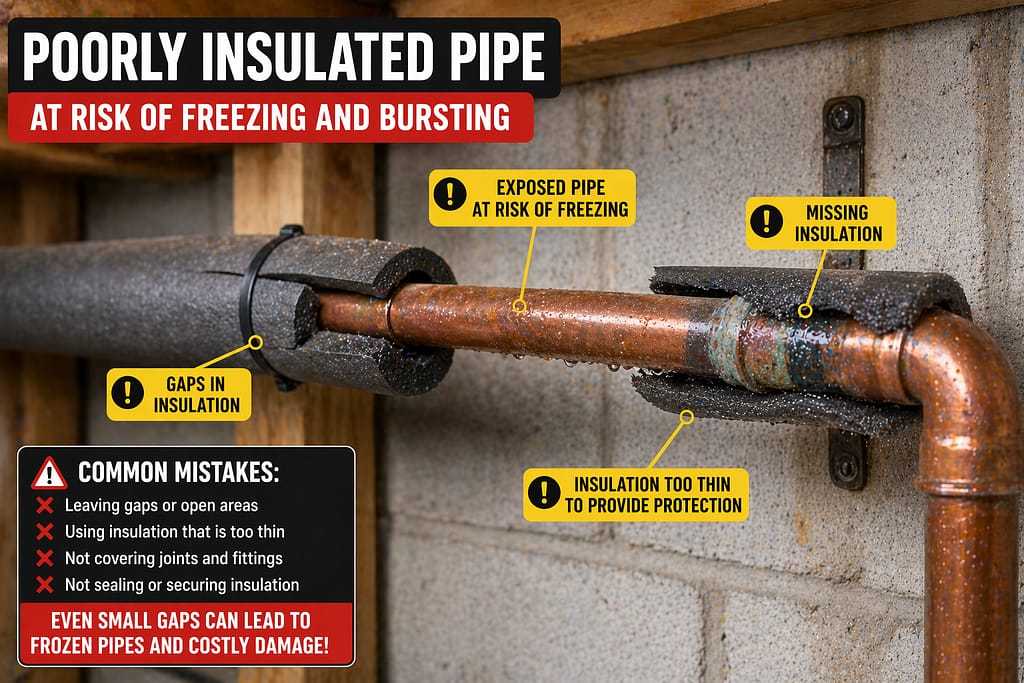 Poorly insulated copper pipe with gaps and exposed sections at risk of freezing and bursting